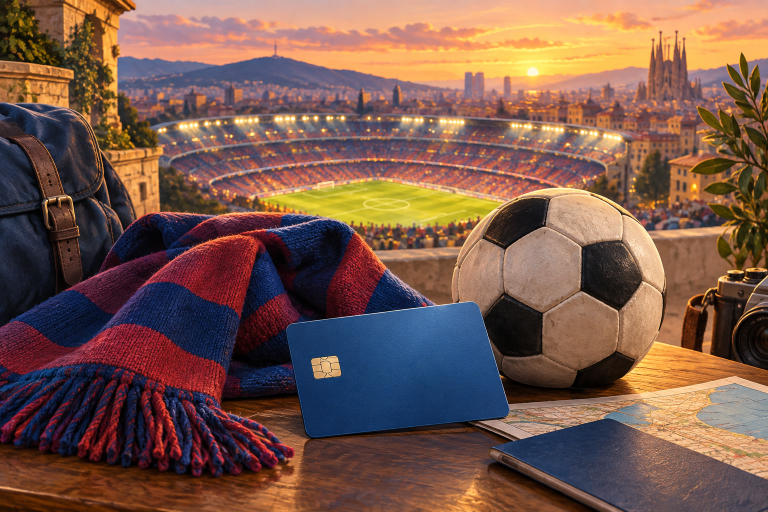 Ilustrasi kartu debit, syal biru-merah, dan stadion sepak bola yang menggambarkan impian perjalanan penggemar Barcelona.