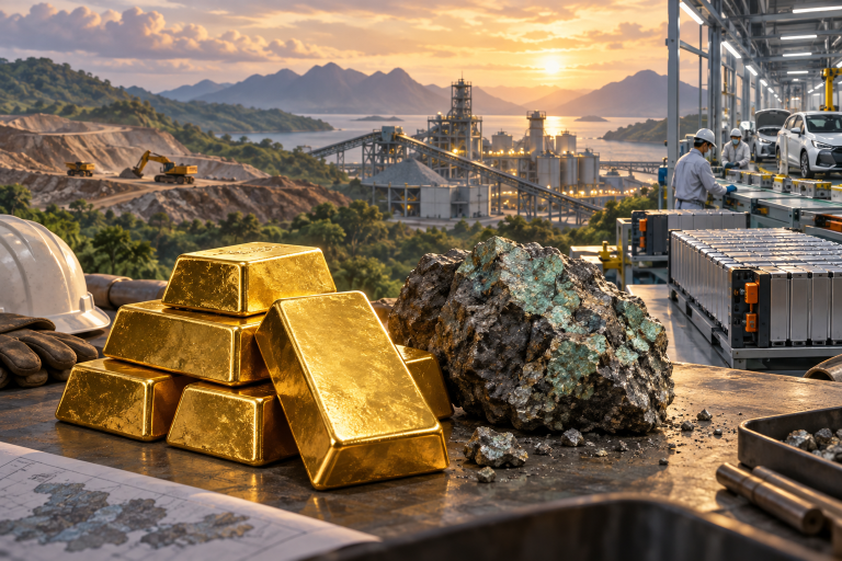 Ilustrasi emas, bijih nikel, dan fasilitas pengolahan untuk pengembangan industri mineral serta rantai kendaraan listrik.